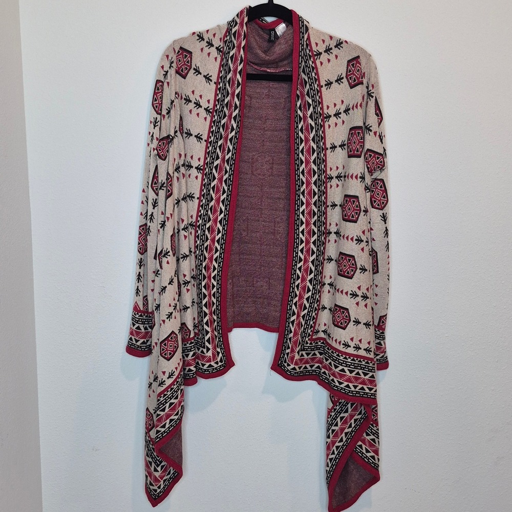 Divided Open Front Shawl Sweater Cascading Cardigan Aztec Tribal Southwest‎ Sz M